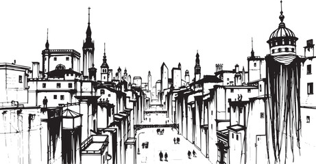 City landscape. Different buildings on street, outline cityscape hand sketch, flat houses. Hand drawn vector illustration
