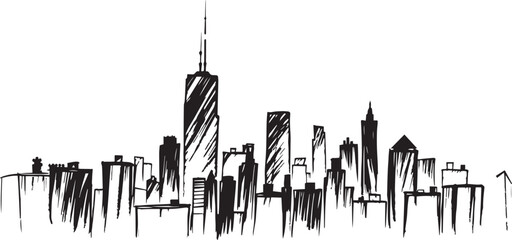Naklejka premium City landscape. Different buildings on street, outline cityscape hand sketch, flat houses. Hand drawn vector illustration