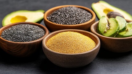 Healthy Seeds and Avocado on Dark Background