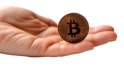 Bitcoin in Hand Digital Coin Closeup, Symbol of Future Market Wealth, isolated on transparent background.