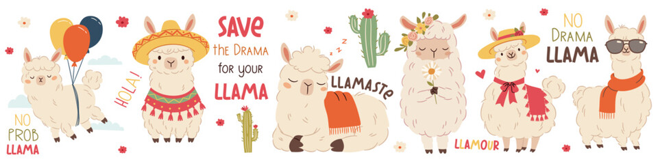 Vector set of flat vector illustrations in a simple children's style. Cute llama in straw hat, flying balloons, wearing Mexican hat and sunglasses, lettering on llamas and cacti. Vector illustration
