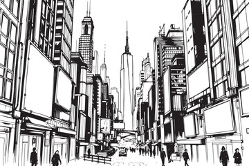 City landscape. Different buildings on street, outline cityscape hand sketch, flat houses. Hand drawn vector illustration