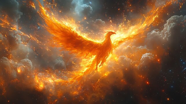 Abstract digital artwork of a phoenix materializing from destroyed cyber networks