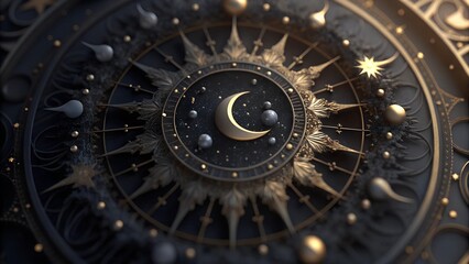 Fototapeta premium Intricate celestial design featuring a crescent moon and cosmic elements in gold and black