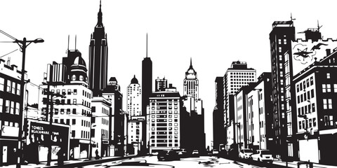Fototapeta premium City landscape. Different buildings on street, outline cityscape hand sketch, flat houses. Hand drawn vector illustration