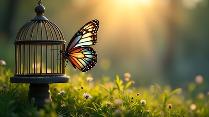 Open Cage with Butterfly Flying Away – Symbol of Freedom and Renewal