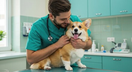 Professional examining dog in his clinic