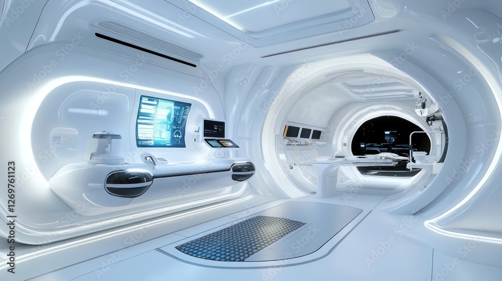 Poster bright and futuristic spaceship interior displaying advanced technology panels