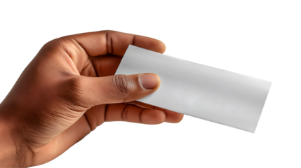 Hand Holding Business Card Minimalist Mockup, Clean White Design for Branding, isolated on transparent background.