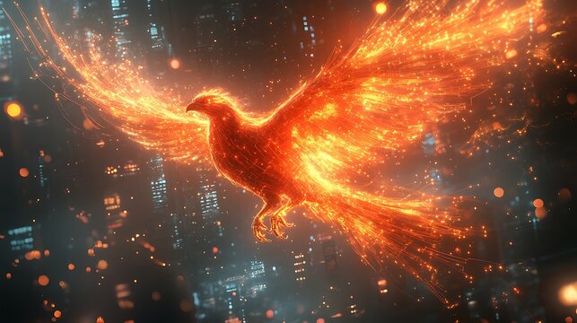 Fiery phoenix composed of glowing circuits ascending from a cyber battlefield