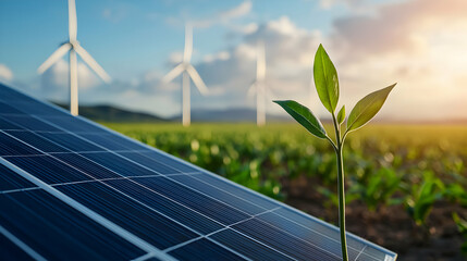 Close Up of Solar Panel and Green Plant with Wind Turbines on Agricultural Field Against Sky During Sunset