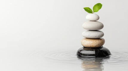 Fototapeta premium Balanced zen stones stacked in calm water with a green sprout growing from the top against a clean grey background.