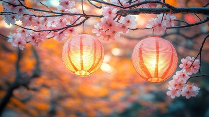 Pink lanterns hanging from cherry blossom branches at twilight.
