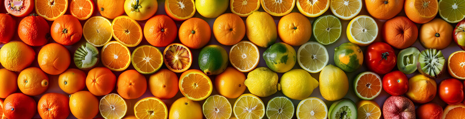 Colorful assortment of fruits including oranges, lemons, and kiwis
