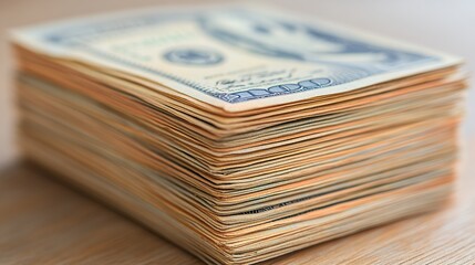 Close up of a Stack of US Dollar Bills on a Wooden Surface