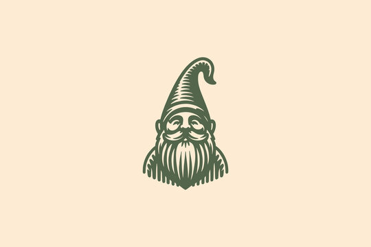 Vintage garden gnome logo in monochrome engraving style