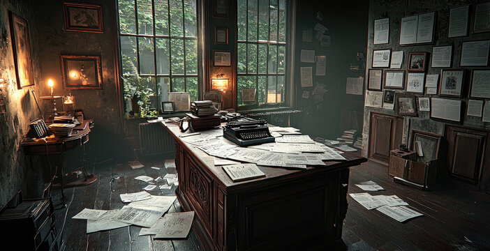 A dimly lit room with an old wooden desk covered in scattered documents, aged newspapers, and cryptic notes. A vintage typewriter or an old tape recorder sits on the desk.