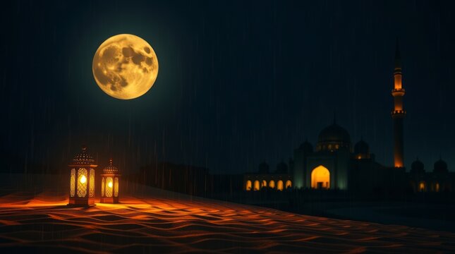 Serene Night Scene Ramadan Lanterns Mosque Full Moon