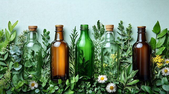 Flat lay arrangement of reusable green bottles and fresh foliage for an eco conscious theme