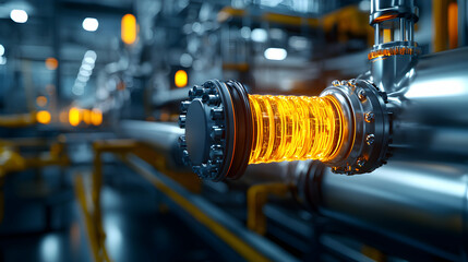 Fototapeta premium Complex Industrial Pipeline System with Glowing Interior Connecting Steel Pipes