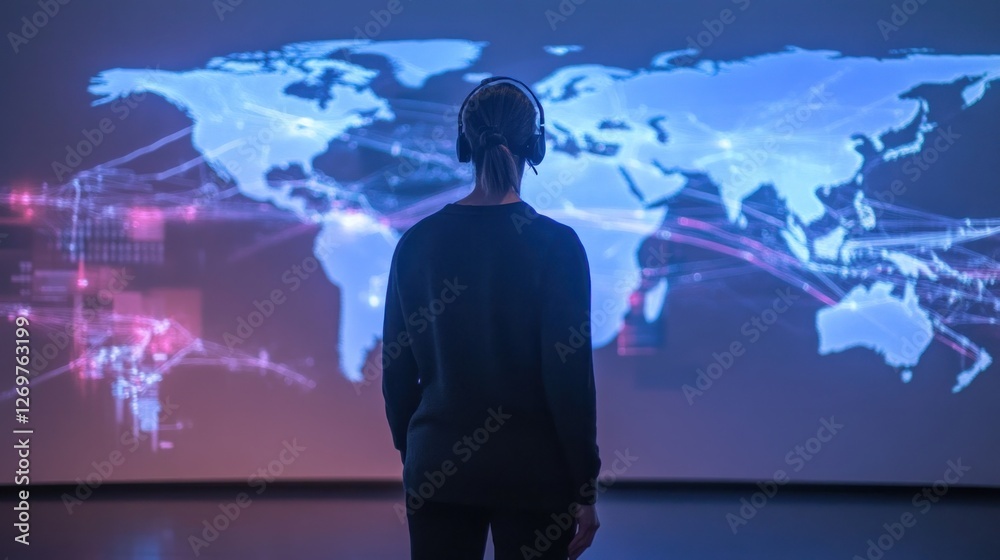 Aufkleber woman stands facing a large interactive world map display