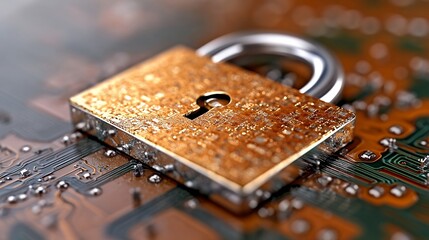 Metallic Gold Padlock on Orange Circuit Board