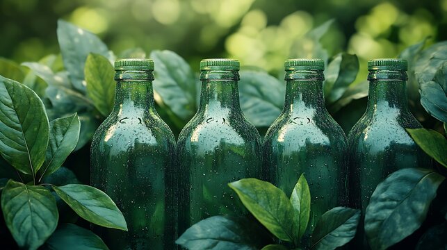 Overhead image of repurposed green bottles with natural leaves emphasizing recycling and sustainability
