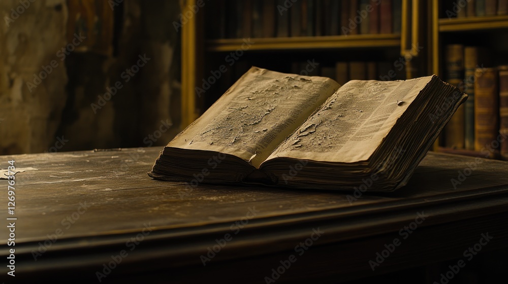 Aufkleber old open book sits on a wooden table in library