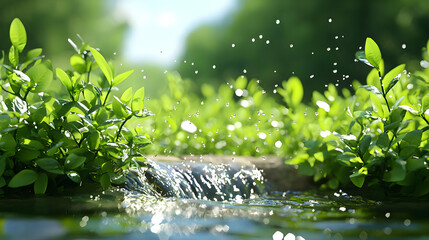 Fototapeta premium Crystal Clear Stream Flowing Through Lush Green Vegetation with Stone Bed and Sunlight