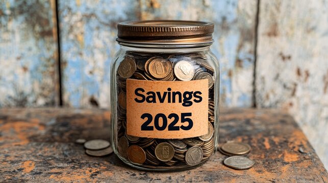 A glass jar labeled "Savings 2025" filled with coins sits on a rustic wooden surface, symbolizing financial planning and saving for the future.