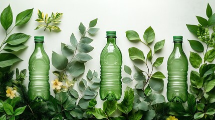 Top view of a sustainable setup with green plastic bottles and fresh leaves on a white surface