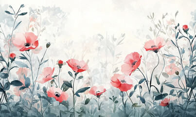 Delicate watercolor painting of pink flowers amidst soft, muted greenery.
