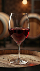 Elegant glass of red wine on wooden barrel in dim cellar, savoring flavor