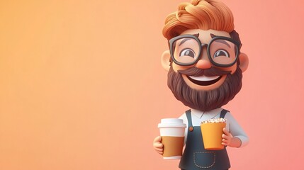 A cheerful cartoon character with glasses and a beard holds coffee and popcorn against a soft gradient background.
