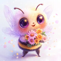 Cute bee holding flowers; digital art; whimsical; background; children's book illustration; possible use as a greeting card or for a website