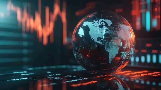 A futuristic digital globe on a high-tech background with data analytics graphics.