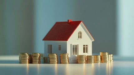A model house surrounded by stacks of coins on a light background.