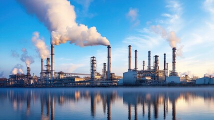 A modern industrial site with smokestacks reflecting in calm water under a blue sky.
