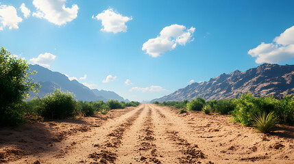 Dirt Road Leading Through Green Fields Towards Distant Mountain Range Under Blue Cloudy Sky on Sunny Day