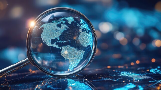 A magnifying glass focuses on a digital globe, symbolizing exploration and innovation.