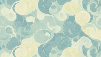 Swirling abstract pattern with baroque inspired decorative textures in soft pastel blue and cream tones, creating rich and elegant visual effect. intricate flowing lines add depth and movement