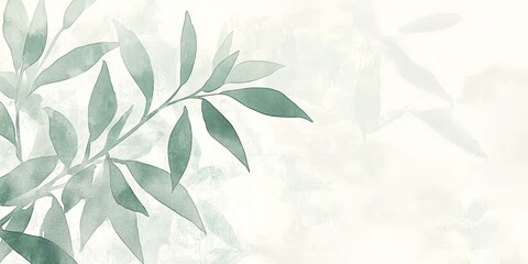 Pastel Teal Watercolor Background, Elegant Grass Silhouettes, Delicate Leaves, Airy Feel