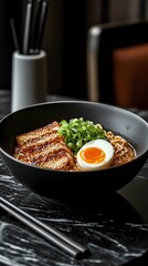 Tasty ramen bowl with soft-boiled egg and green onions served