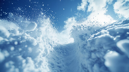 Obraz premium Close-up of snow under a bright blue sky with clouds.