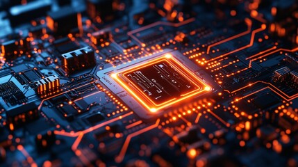 A glowing microchip on a circuit board with intricate connections, showcasing advanced technology and digital innovation.