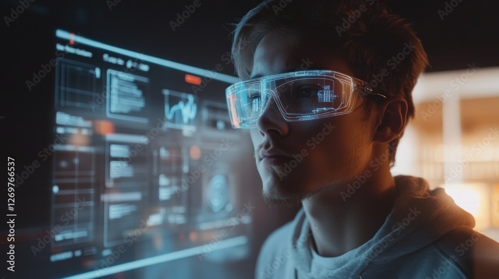 Aufkleber man wearing augmented reality glasses looking at complex data screen