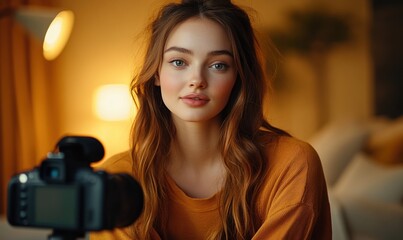 Girl blogger creates content in a modern room with warm lighting