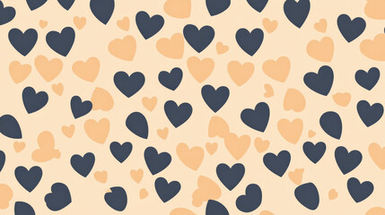 Small and simple love motifs with scattered hearts in dark blue and peach tones on beige background, creating seamless romantic pattern