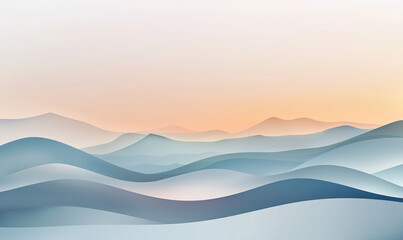 Serene abstract landscape with layered waves in soft blue tones and a warm sunrise backdrop.