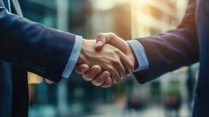 Two business professionals shaking hands in a modern urban setting.